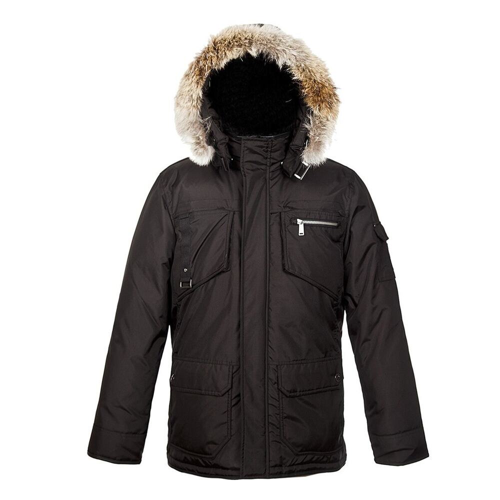NWT PAJAR CANADA BLACK NYLON COYOTE FUR HOODIE JAMES GOOSE DOWN JACKET L
